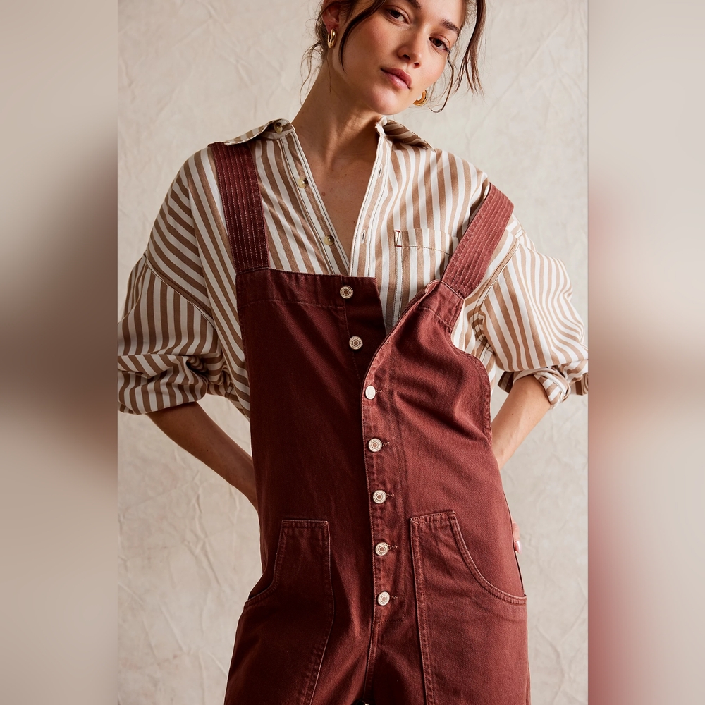 We The Free Fields Of Flowers Wide-Leg Overalls-Mocha {NWT}